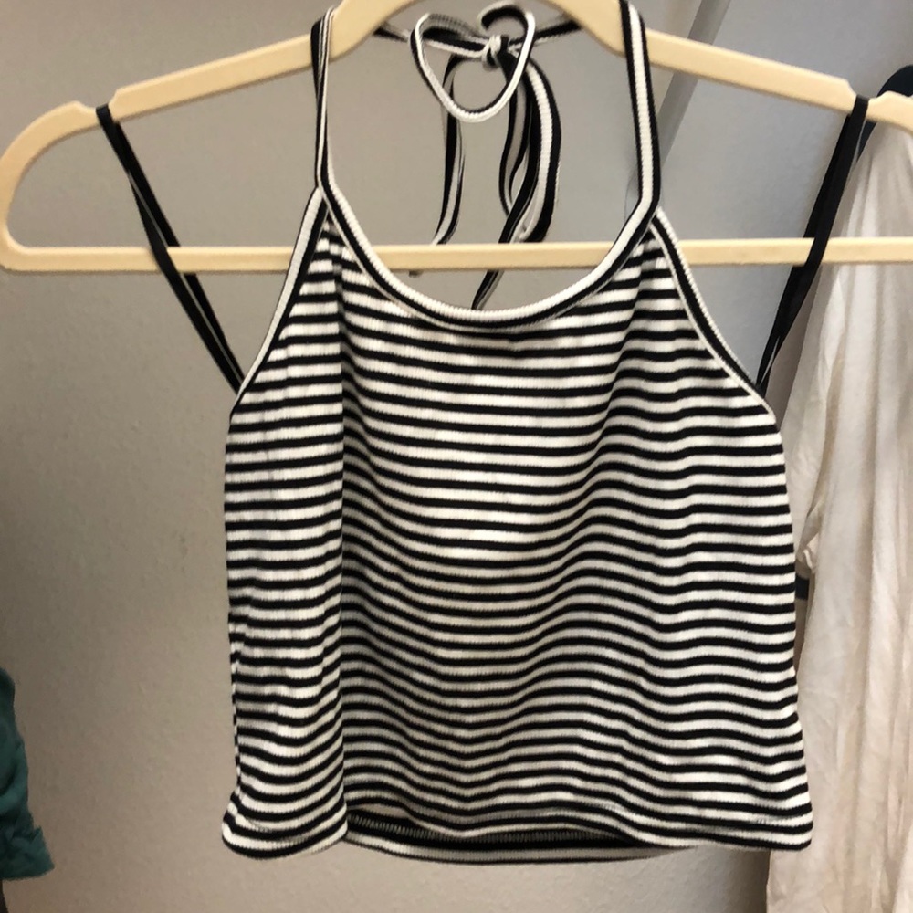 Black and white striped halter crop top